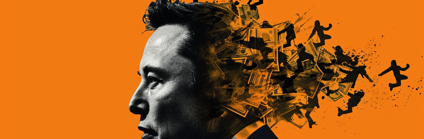 Elon Musk is Totally Wrong About UBI. AI image created on MidJourney V6 by Henrique Centieiro and bee lee. Prompt: Detailed-photograph: A jet black silhouette of Elon Musk isolated on an orange background has a double exposure of many little 2D vector art style men, some men are digging and some men are throwing piles and piles of banknotes in the air inside his head