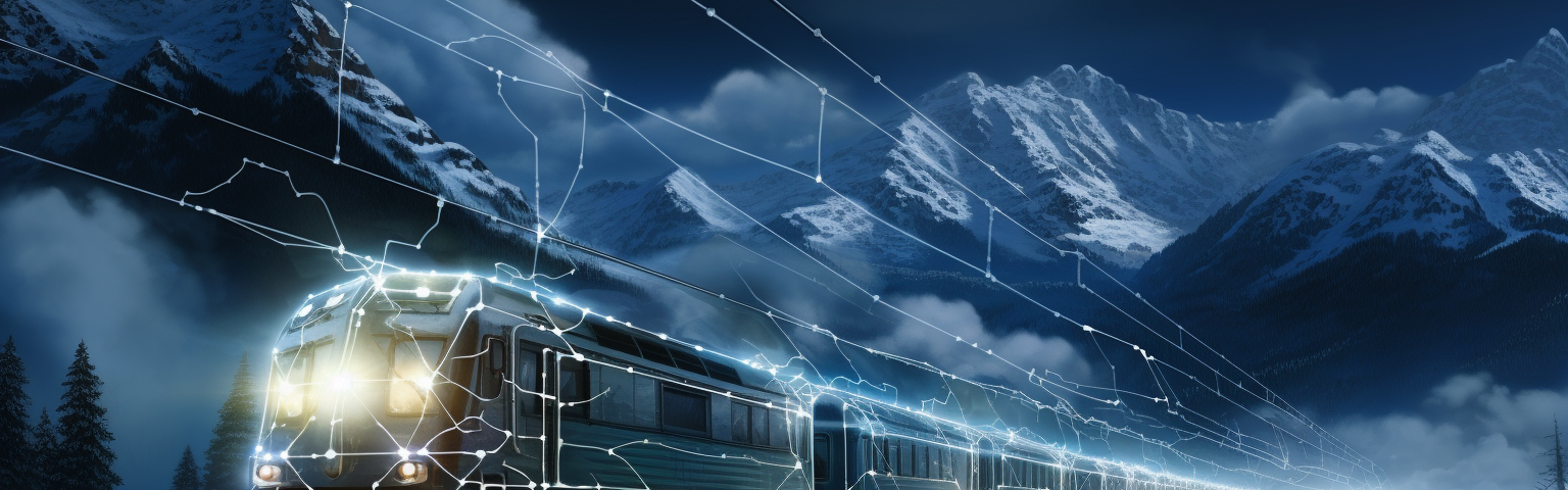 Midjourney generated image of electrified freight train with overhead catenary wire connections and digital circuitry rolling through mountain pass