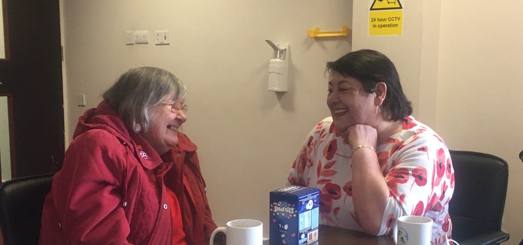 Two ladies laughing at a table, with a Smarties Easter egg, two mugs and custard creams on the tale