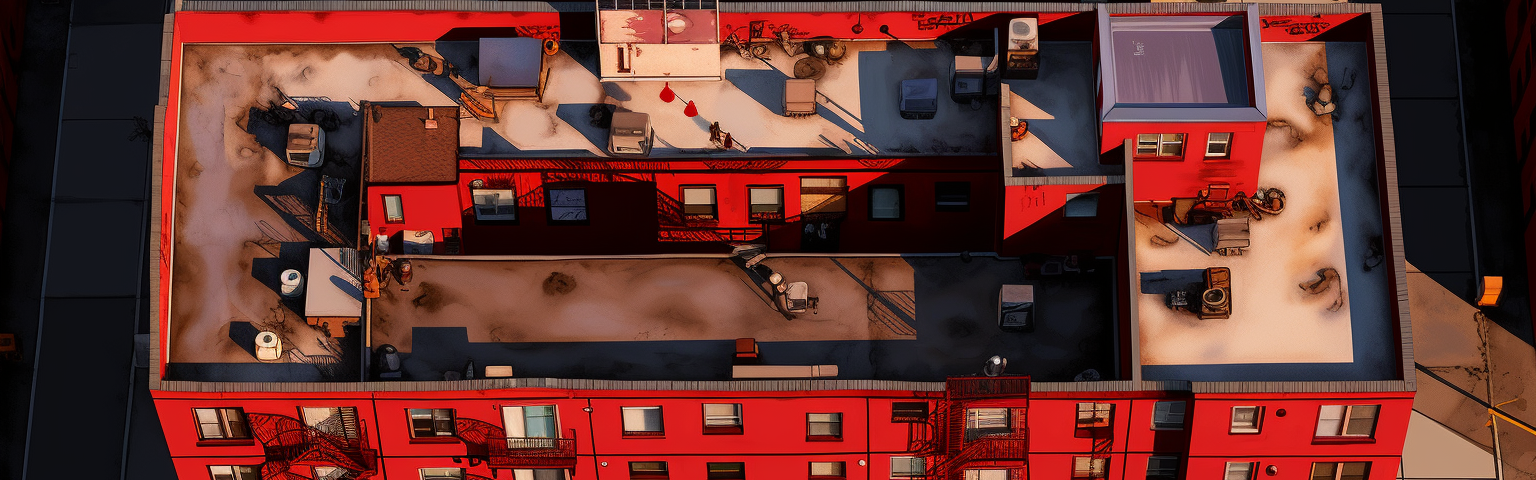 Midjourney generated image of a bird’s eye view of a downtown apartment building tinged red with heat