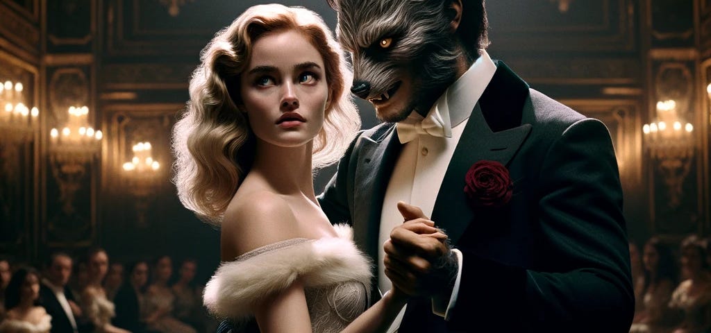 Elegant predator in dark suit seduces innocent lamb in white gown in a dimly lit ballroom, capturing the deceptive dance of seduction and betrayal.