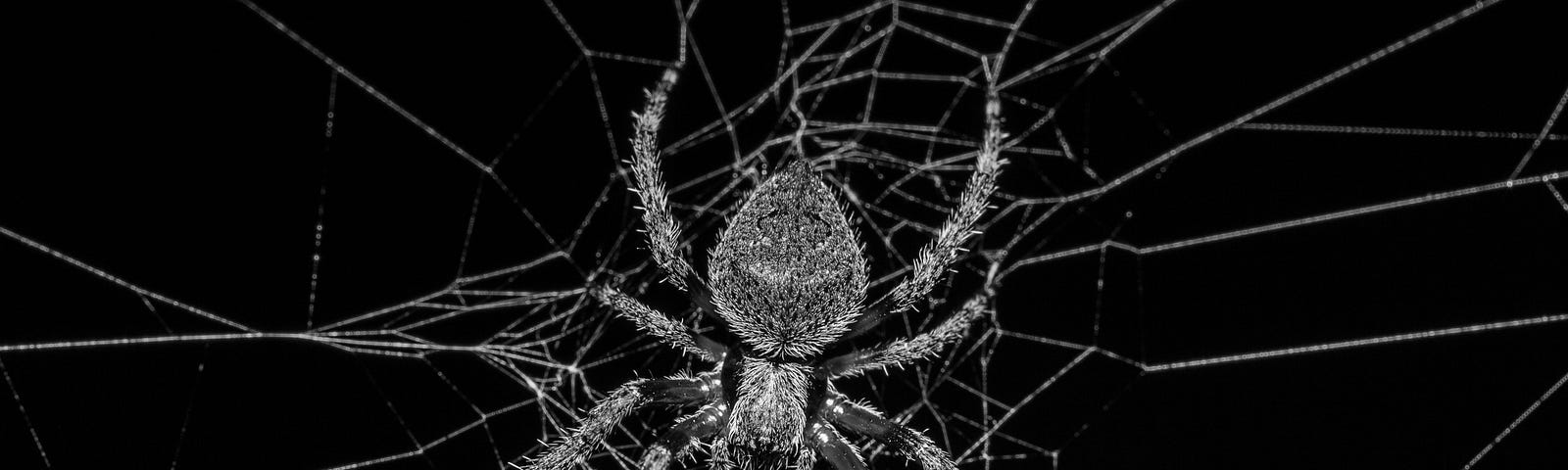 black and white image of a spider on a web