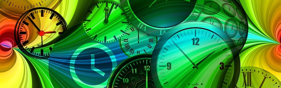 A multitude of clock faces with a swirling red-to-green chaotic pattern over them. Like time is being pushed and pulled, distorted in some way.
