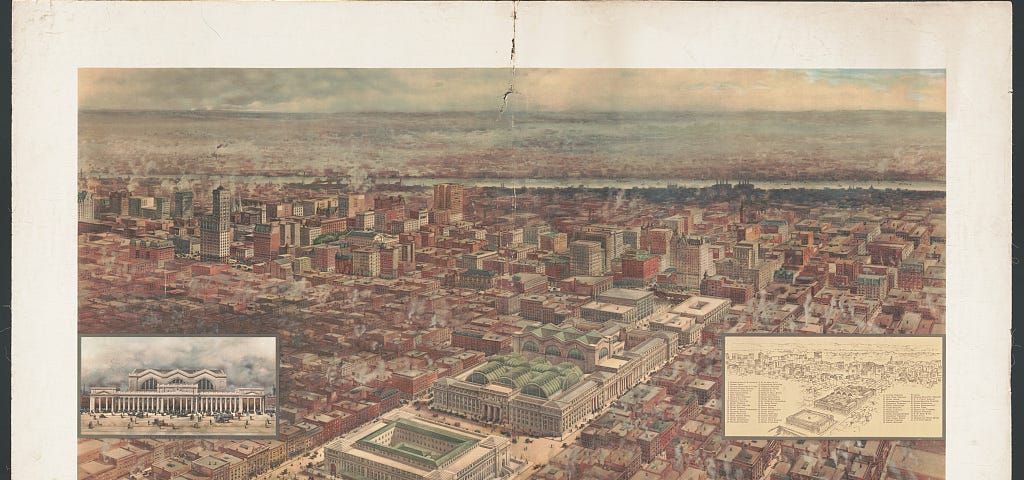 1910 | Illustrated aerial view of Pennsylvania station, New York City | Created/Published by Ketterlinus, Philadelphia | Popular and applied graphic art print filing series | Library of Congress, Prints & Photographs Division, [reproduction number LC-DIG-ppmsca-59660] | https://hdl.loc.gov/loc.pnp/ppmsca.59660 | No known copyright restrictions