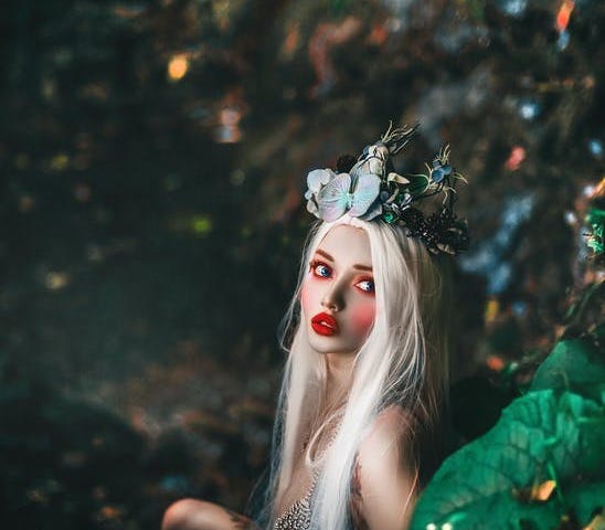 A fantasy creature with long white hair and jewels on her head is looking up over her left shoulder, while hiding on a rocky cliff near water