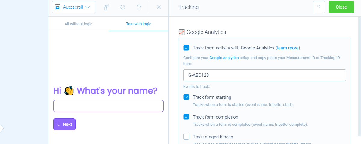 Tripetto form builder with Google Analytics