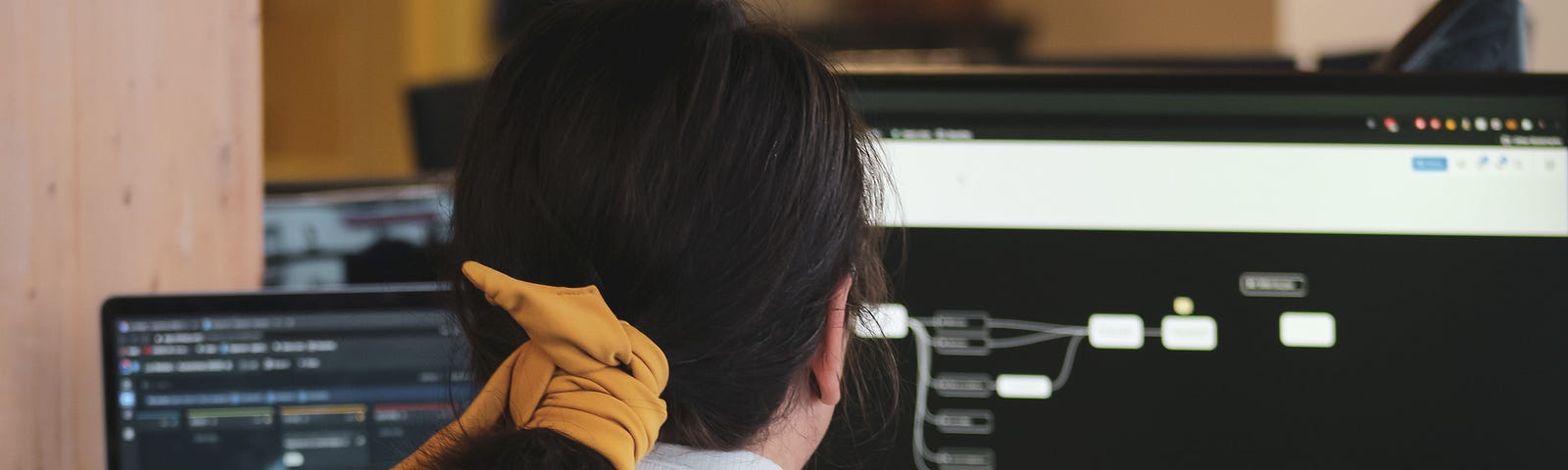 Girl, back to camera, in front of double monitors. Yellow tie on her ponytail.