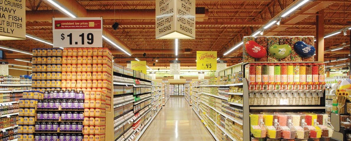 Aisles in a typical American supermarket