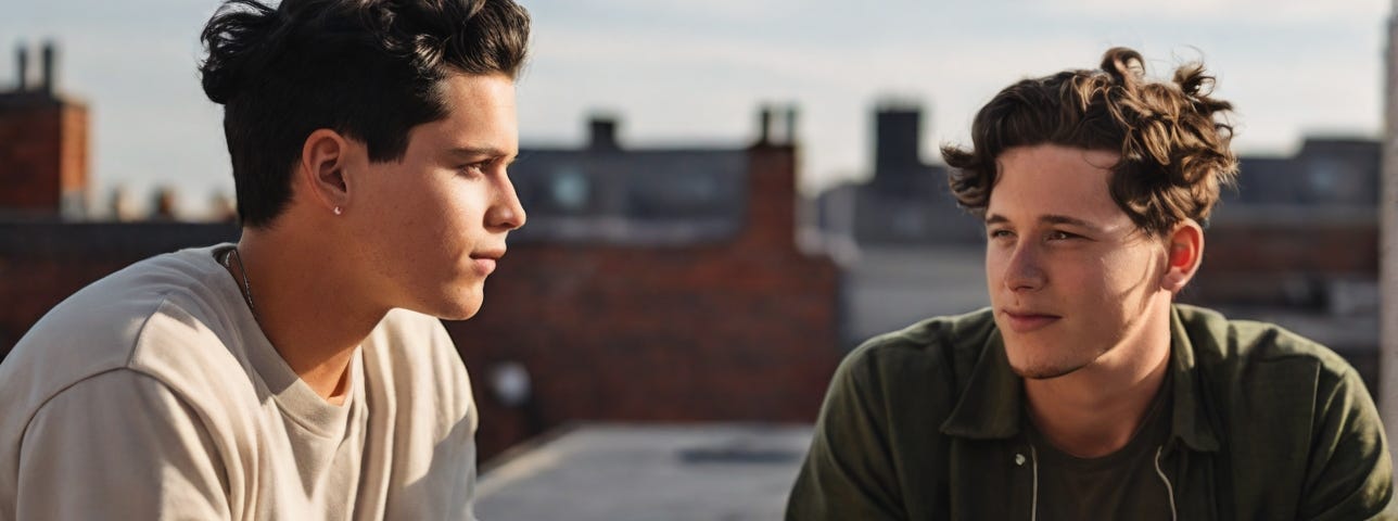 Two boys talking to each other on roof