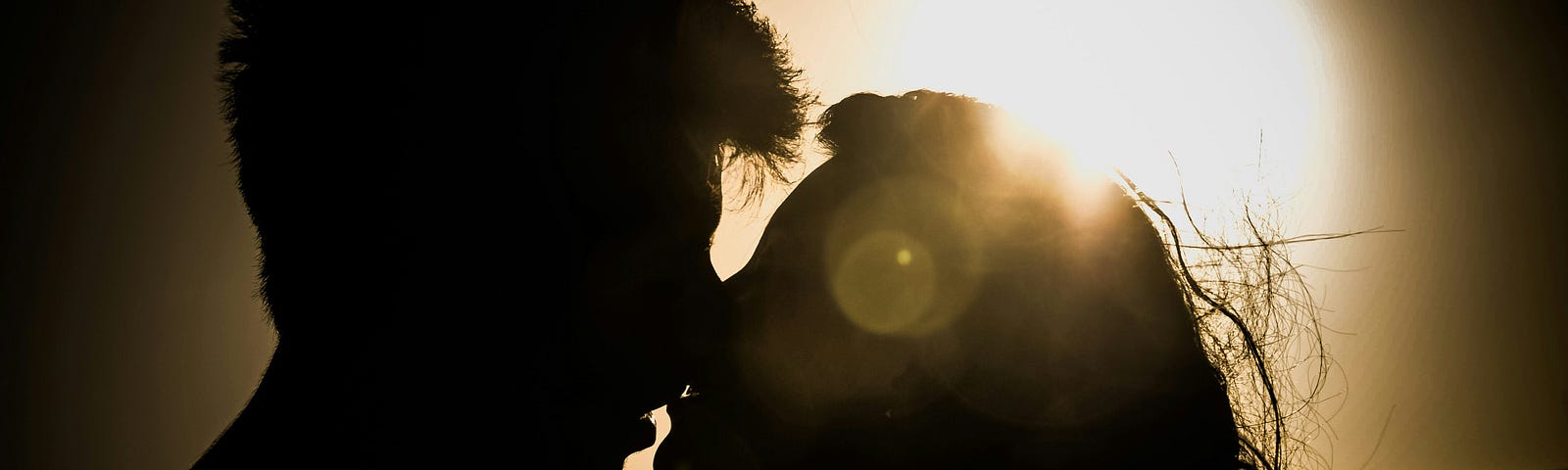 Two people kissing in front of the setting sun.