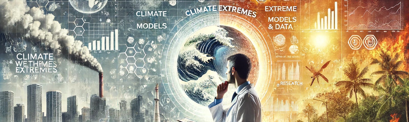 It illustrates the split-screen effect showing a scientist analyzing climate data on one side and various extreme weather events on the other side, emphasizing the unpredictable nature of climate change