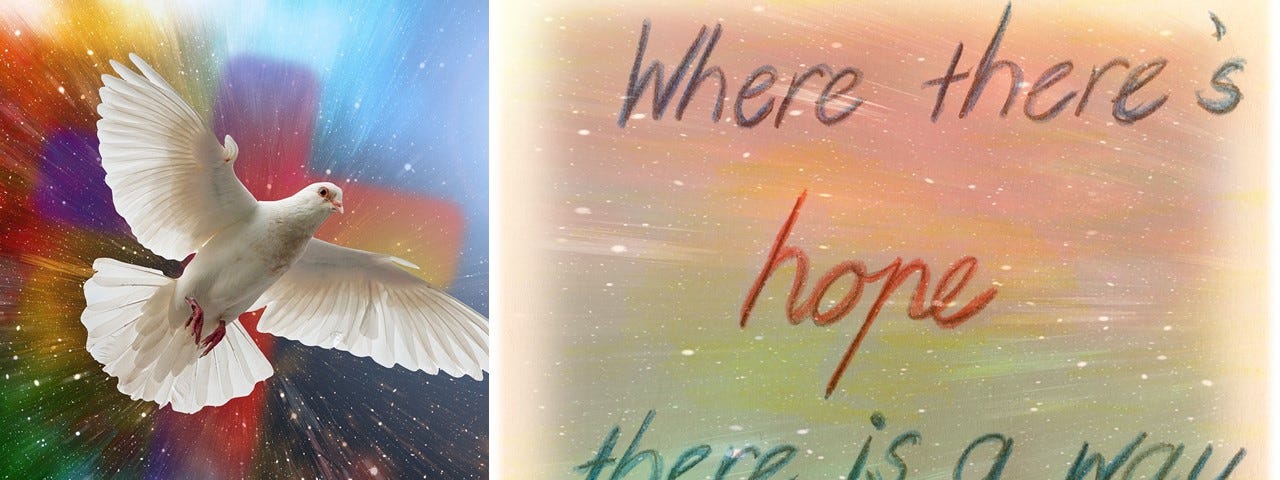 The underside of a  white dove with wings and tail fully spread in flight against a digitally enhanced splashy colourful background alongside a handwritten meme with the words, ‘Where there’s hope there is a way’.