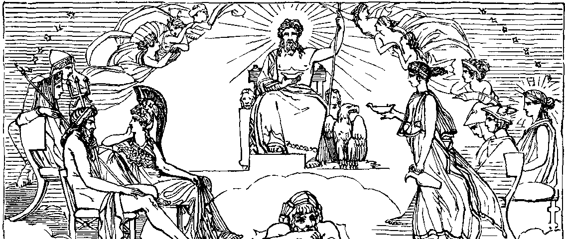 The gods convening on the fate of the Trojan war — a wood engraving provided in the Project Gutenberg publication of the Iliad by Homer
