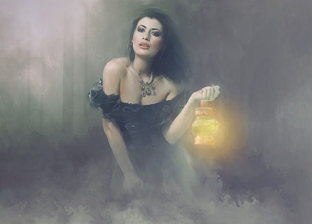 An alluring brunette holds a lantern in the fog.