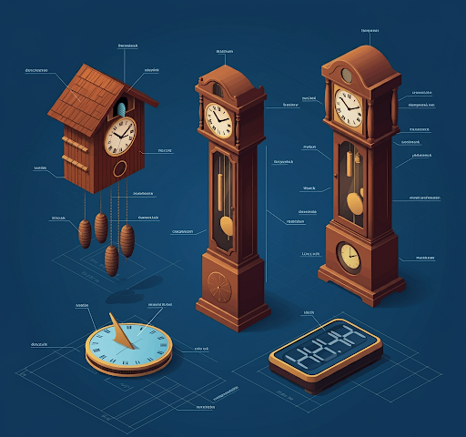 several clocks on a blueprint-like background