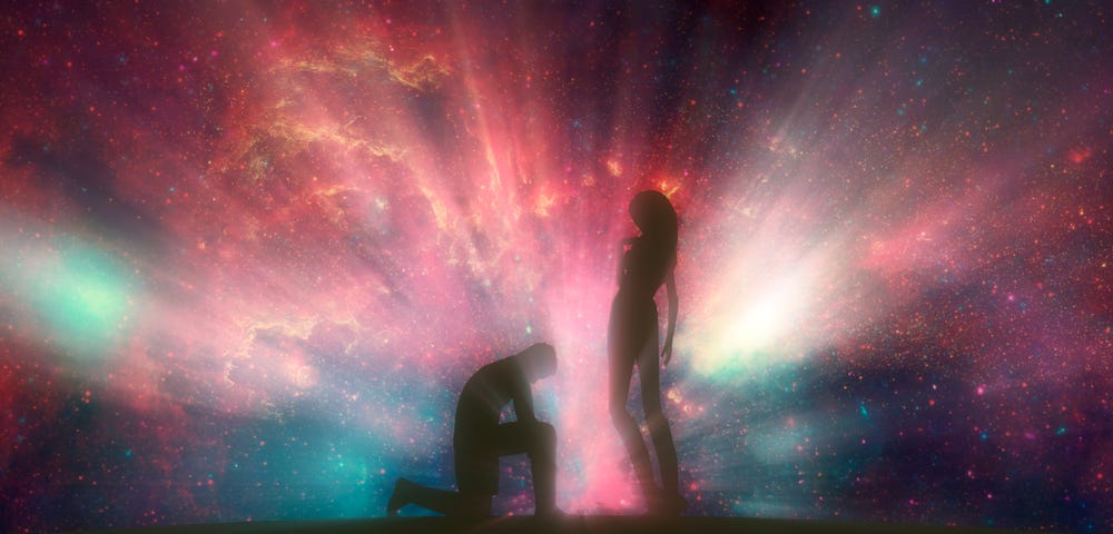 silhouette of a man kneeling before a woman with a galaxy of stars behind them