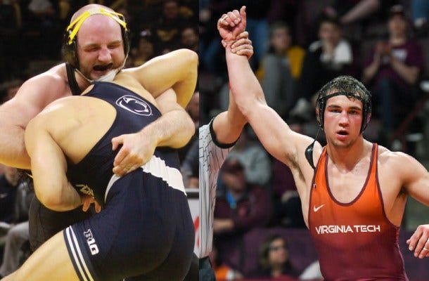 Photo: Iowa’s Alex Marinelli (left) and Virginia Tech’s Hunter Bolen are now ranked №1 at 165 pounds and 184 pounds, respectively, in WIN’s Feb. 15 rankings