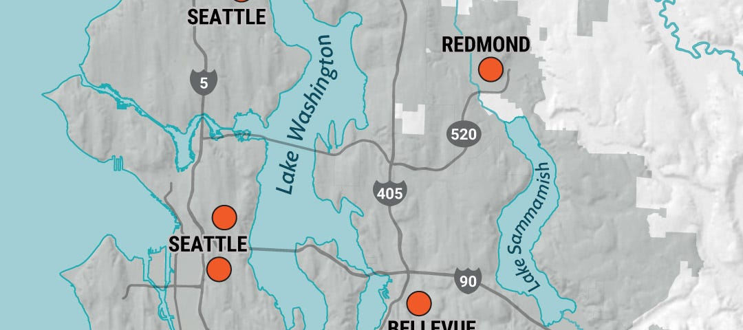 A map of King County with orange dots marking locations of affordable housing developments in Seattle, Kenmore, Redmond, Bellevue, Burien, Skyway and Renton.
