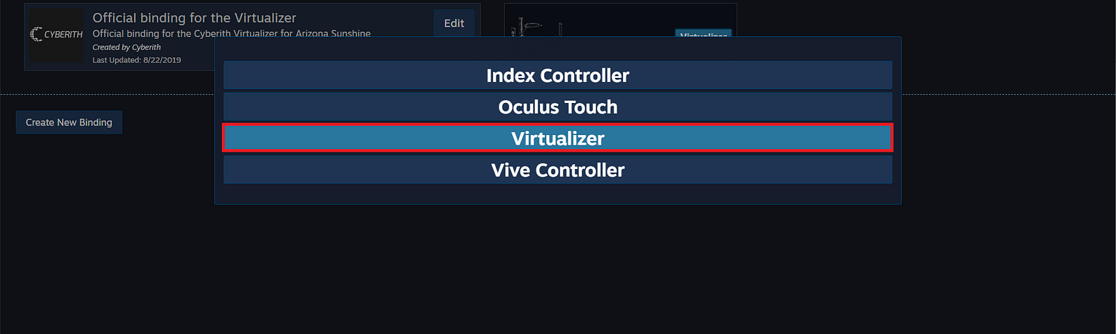The Cyberith Virtualizer is shown as a controller in SteamVR in line with Index Controller, Oculus Touch and Vive Controller