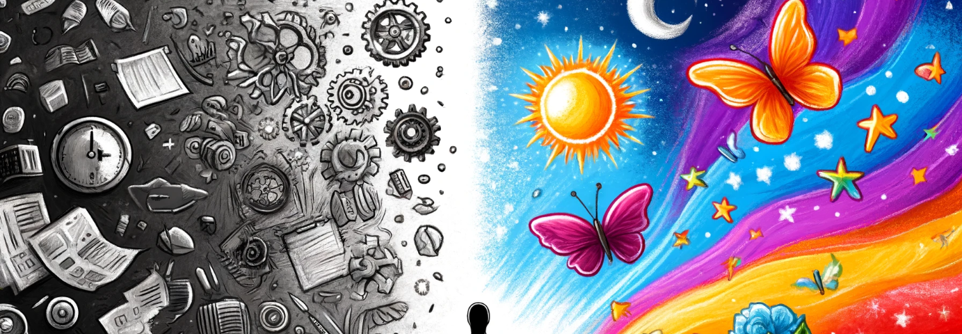 A rough sketch chalk style image depicting self-improvement: on the left, a chaotic scene in grayscale with scattered papers and gears; on the right, a serene, colorful scene with butterflies and sunshine; and in the center, a person calmly sitting on a couch, observing both sides.
