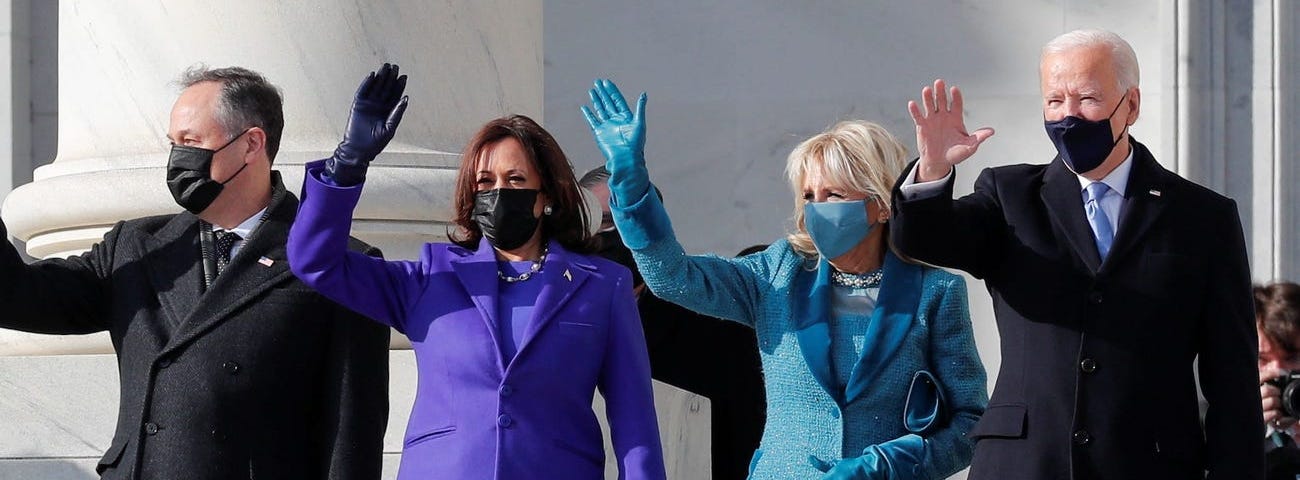 Doug Emhoff, Kamala Harris, Jill Biden, and Joe Biden on Inauguration Day.