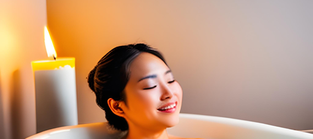 Woman in a bubble bath, candle behind her.