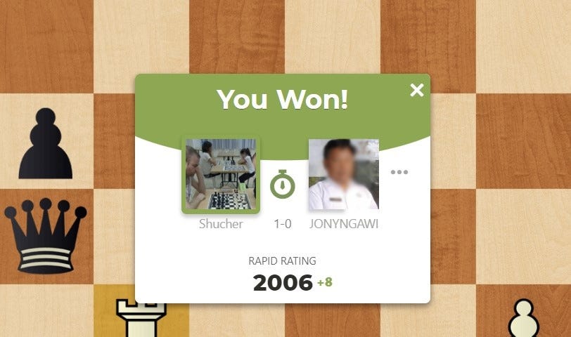 A screen shot from chess.com with a notification “You Won!” and 2006 rapid rating