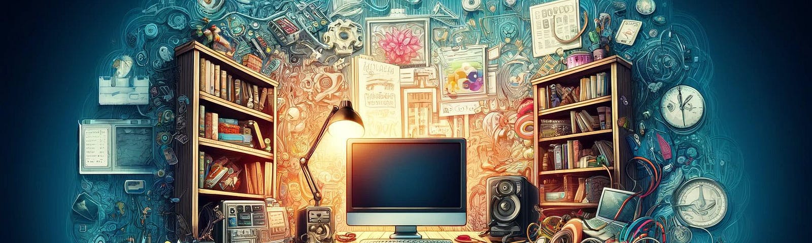 illustration of a cluttered office focusing on a computer screen