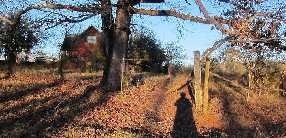 Author’s shadow on a farmhouse she dreamed of as a child.