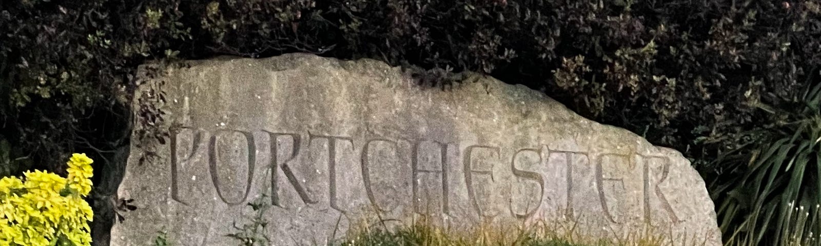 Portchester — carved in stone at the village entrance