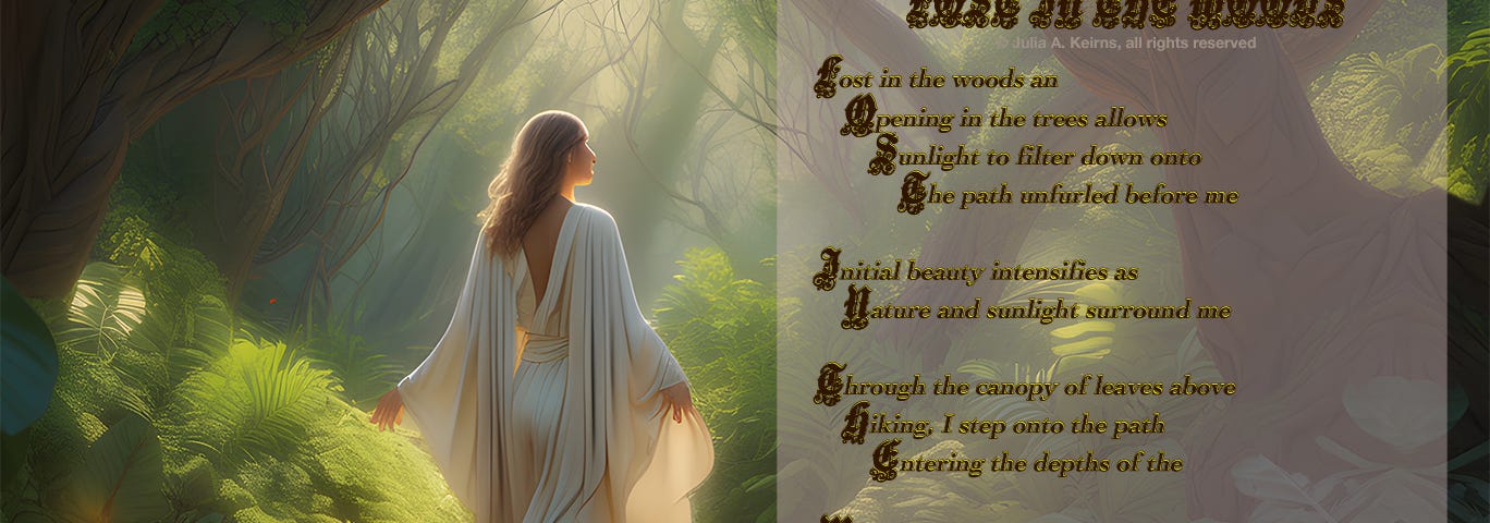 A woman in diaphanous robes, lost in sunlit labyrinthine woods