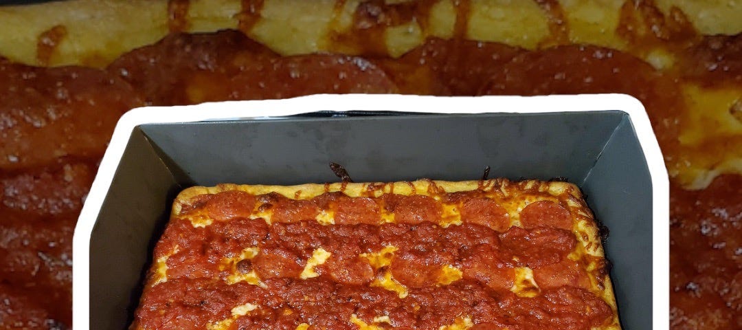 A large Detroit-Style Pizza fresh out of the oven.