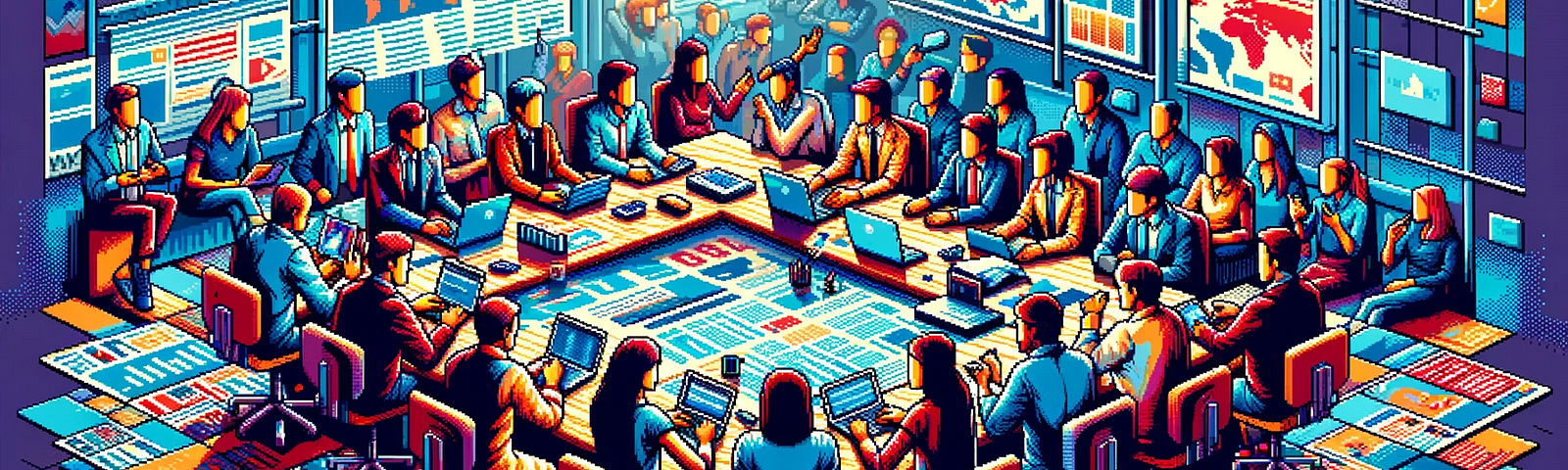 A pixel-art depiction of a high-tech command center with individuals at a U-shaped table, working on laptops, surrounded by digital displays and screens showcasing data and maps, rendered in a retro video game style with a blue, orange, and purple color scheme.