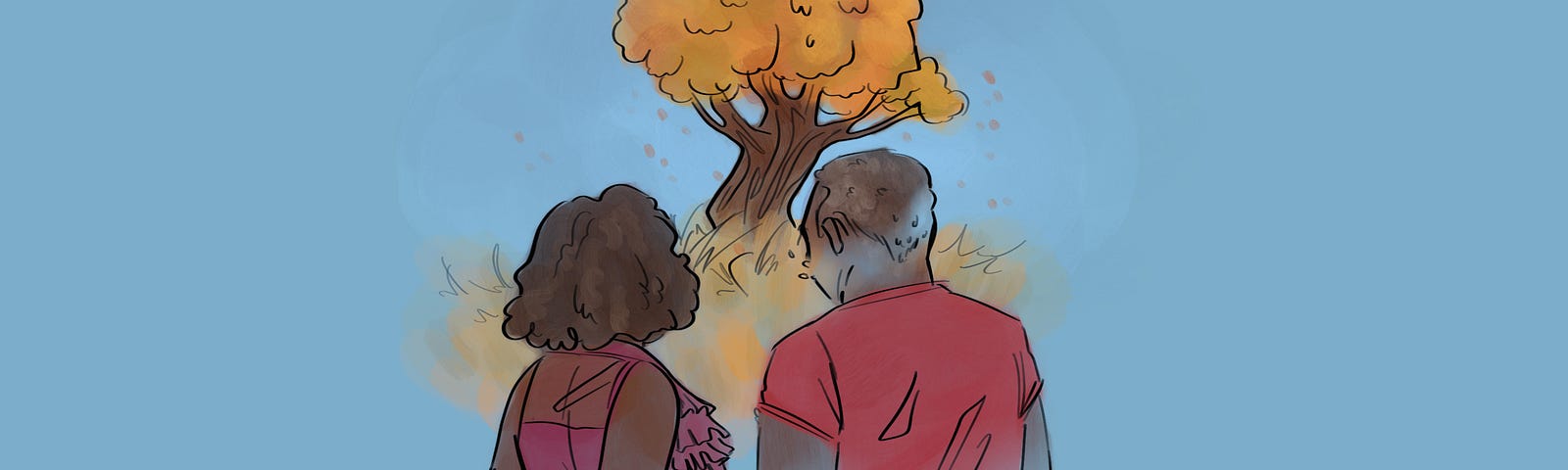 An illustration of two people holding hands in front of a tree.