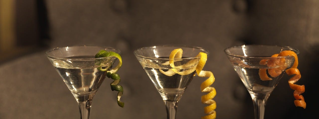 Three martinis, each with a different twist