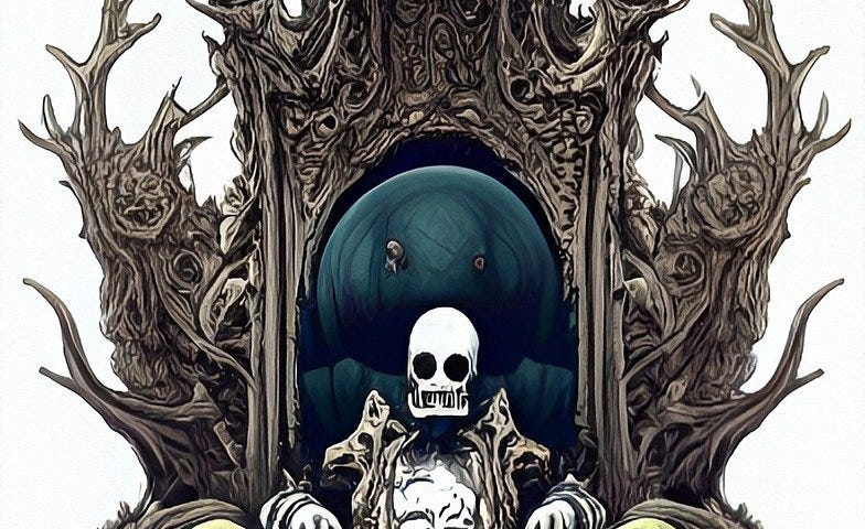 A skeleton sitting on an elaborate throne.