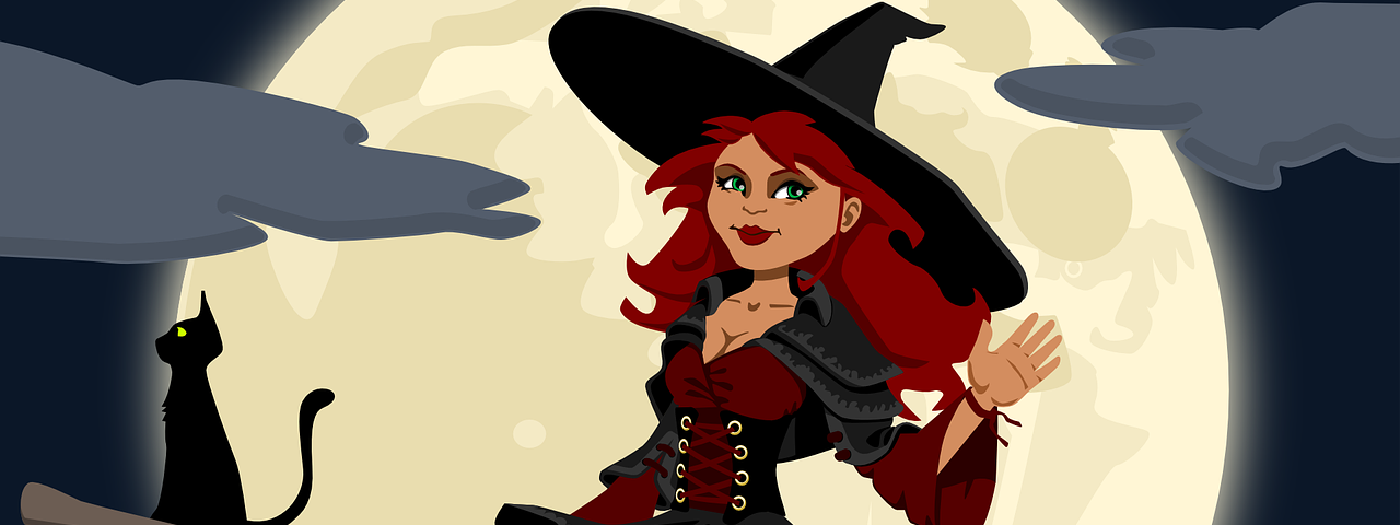 Witch on a broomstick with a black cat flying in front of a full moon