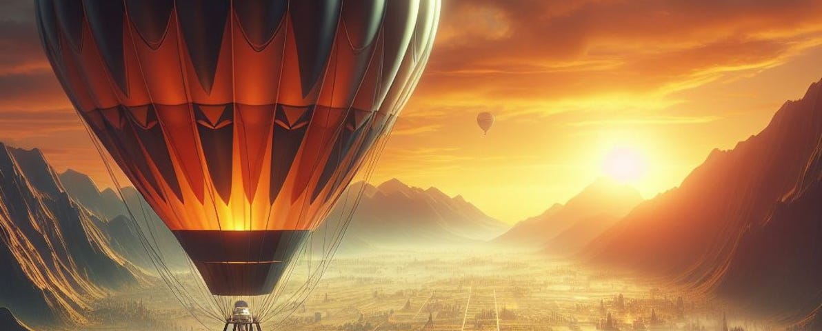 A hot air balloon flying high over a city