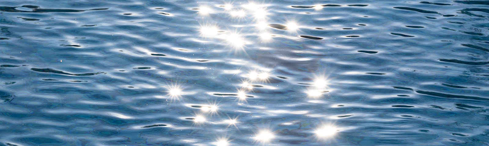 Sunlight glints across the blue water of a pool making multiple starbursts that appear to float in the air