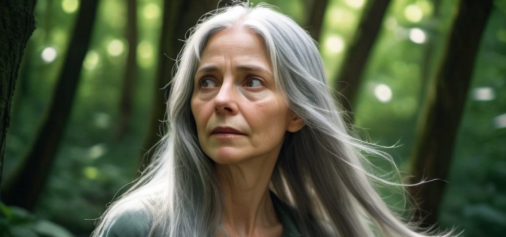 Woman with long gray hair lost in a forest looking for her friends.