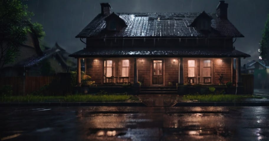 House on a dark street with lights on during rain