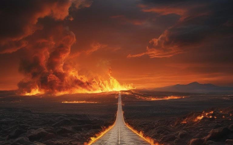 A two-lane highway with streaks of fire on each side surrounded by a burning hellscape.