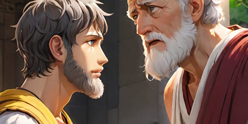 Color illustration of a bearded Roman poet speaking to a young man. Created by Frank Moone using Dream.AI