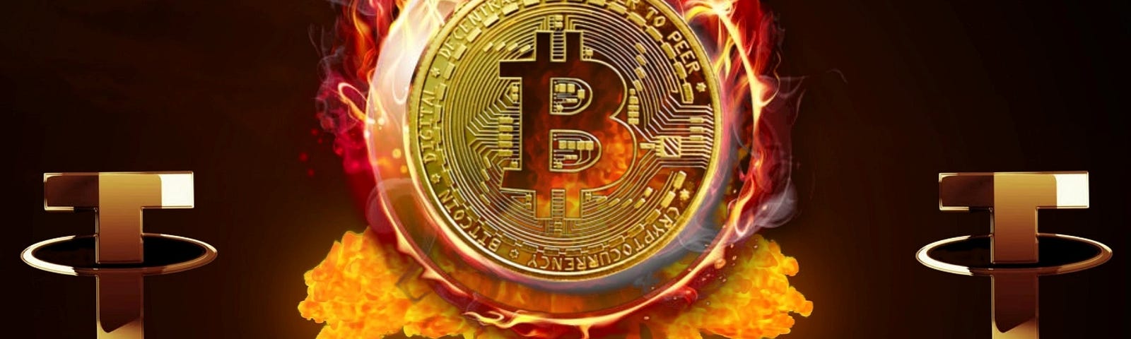 A nuclear explosion with dark (black) background, Bitcoin’s Symbol (golden and on fire) on top of the mushroom of the explosion, and two symbols of Tether (golden letter “T”) right and left of the Bitcoin symbol on the black background.