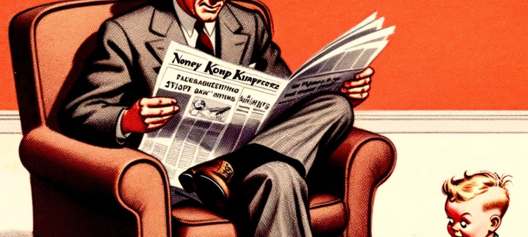 Cartoon of a father looking at his newspaper on the couch while his young child at his feet plays with sharp knives.