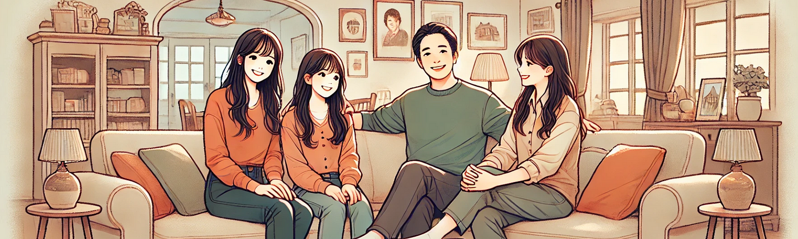 A family of four, consisting of two women around 20 years old and their parents, happily spending time together in the living room