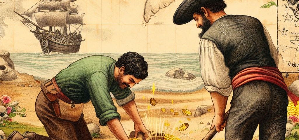 Two pirates/men digging up a pot of gold