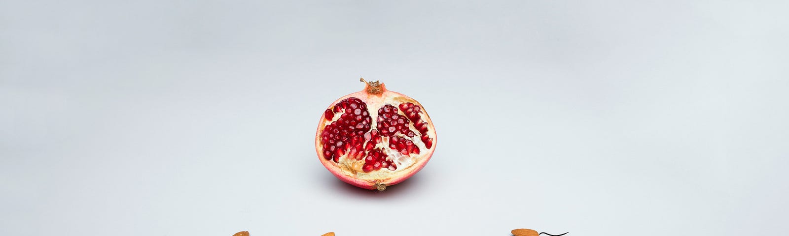 An open pomegranate with almonds that look like tadpoles swimming towards it. It’s a depiction of ‘sperm swimming to the egg’ to fertilise it.