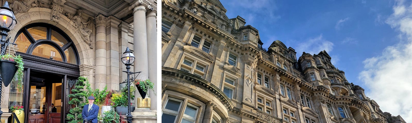 L: The fantastic porter of The Balmoral sports a handsome Balmoral tartan kilt. R: Exterior view of the commanding hotel on a sunny day. Photos by Laura Metze.