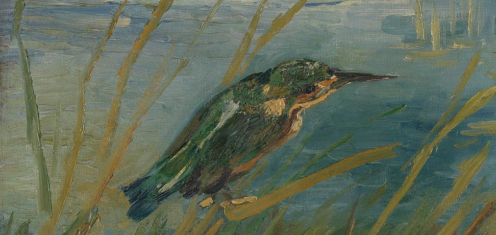 The painting shows a River Kingfisher in a marsh. It has a dull brown colour with gentle overtones of blue. The Kingfisher — for some reason — looks as if it is deep in thought.